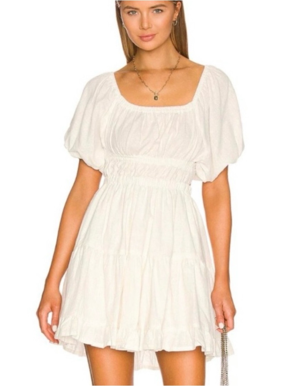 Cleobella White Puff-Sleeve Smocked Open Back Mini Dress